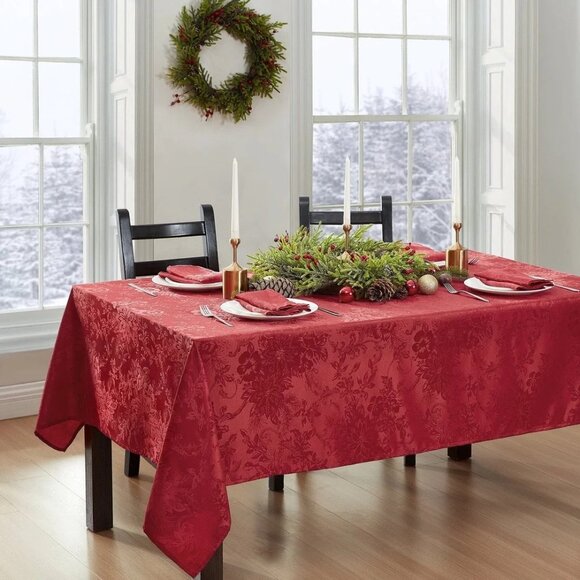 Elrene Poinsettia Jacquard Holiday Tablecloth 52x70 Oblong Red - Picture 1 of 3